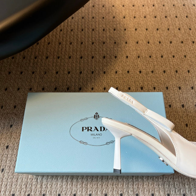 PRADA 26S POINTED TOE SLINGBACK HEELS 75MM IN WHITE PATENT CALFSKIN