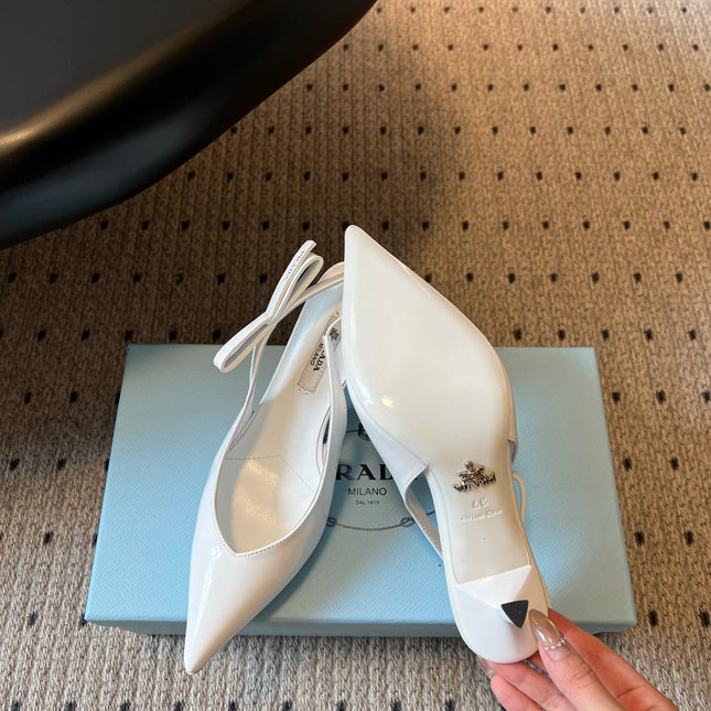 PRADA 26S POINTED TOE SLINGBACK HEELS 75MM IN WHITE PATENT CALFSKIN