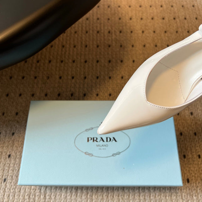 PRADA 26S POINTED TOE SLINGBACK HEELS 75MM IN WHITE PATENT CALFSKIN