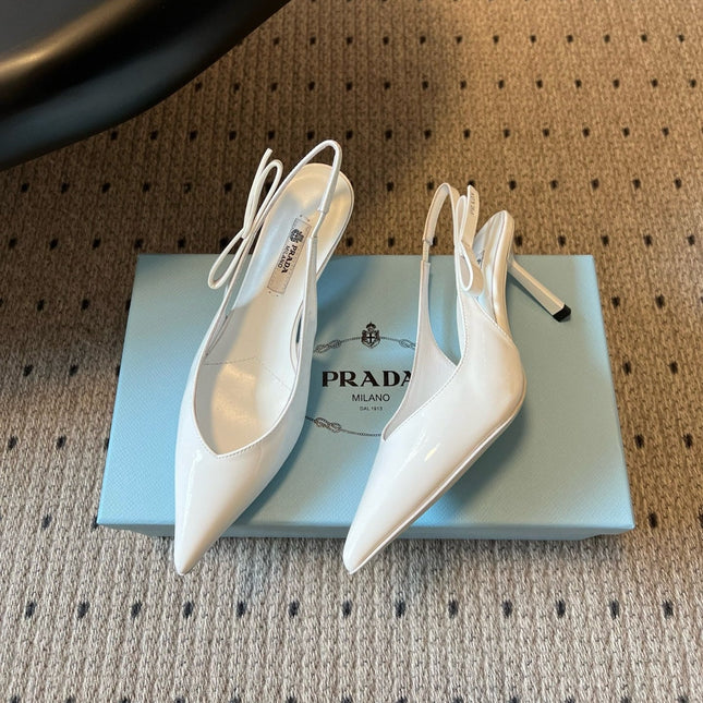 PRADA 26S POINTED TOE SLINGBACK HEELS 75MM IN WHITE PATENT CALFSKIN
