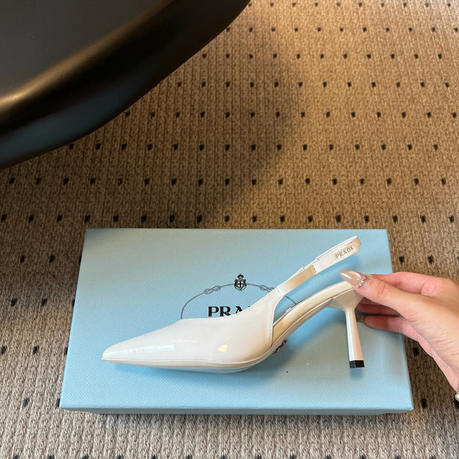 PRADA 26S POINTED TOE SLINGBACK HEELS 75MM IN WHITE PATENT CALFSKIN