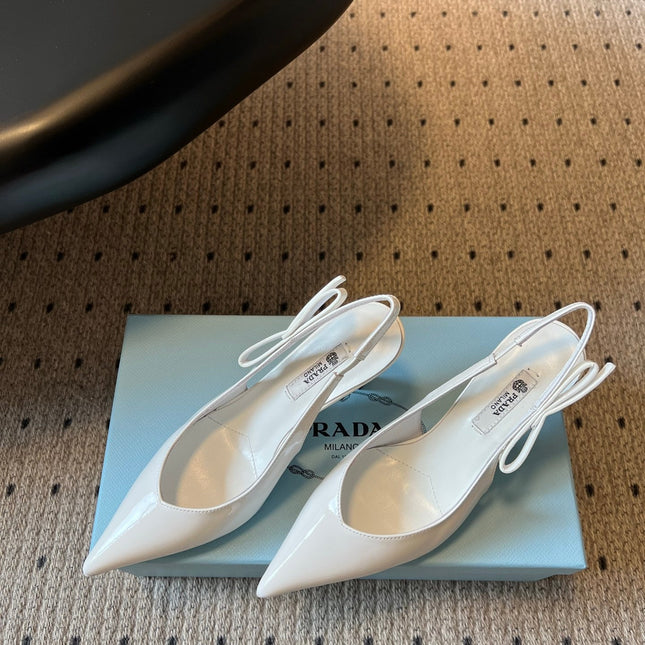 PRADA 26S POINTED TOE SLINGBACK HEELS 75MM IN WHITE PATENT CALFSKIN