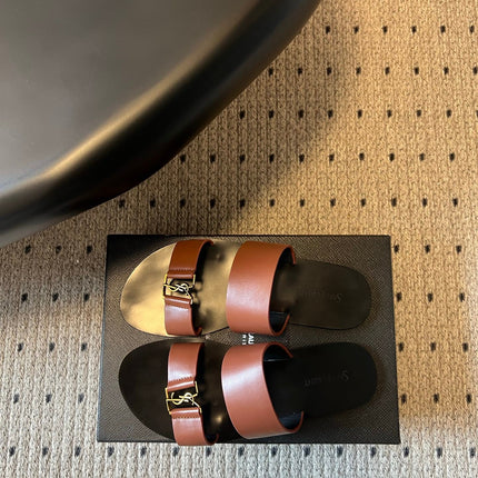 YSL 26S DOUBLE-STRAP SANDALS IN BROWN CALFSKIN