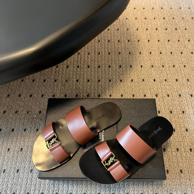 YSL 26S DOUBLE-STRAP SANDALS IN BROWN CALFSKIN