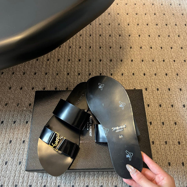 YSL 26S DOUBLE-STRAP SANDALS IN BLACK PATENT CALFSKIN