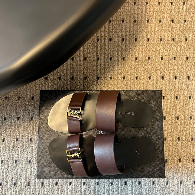 YSL 26S DOUBLE-STRAP SANDALS IN DARK BROWN CALFSKIN