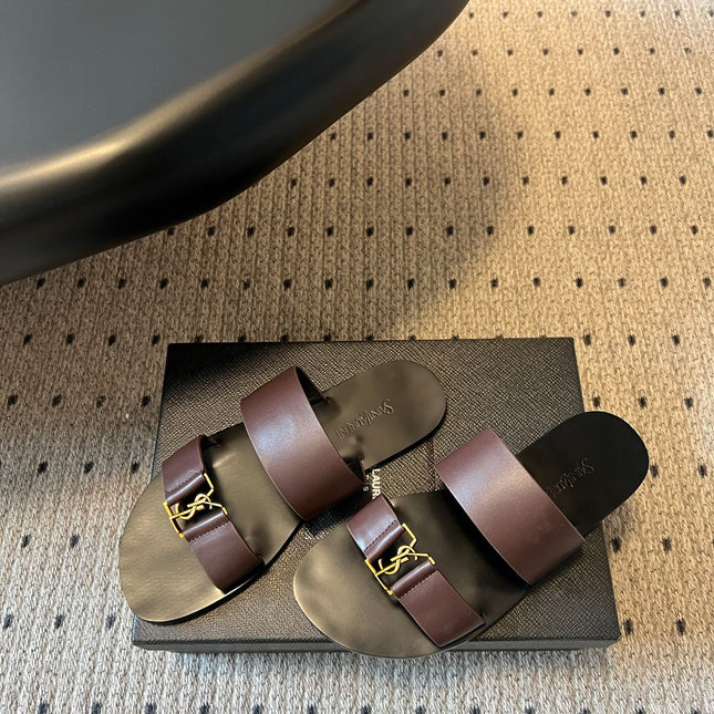 YSL 26S DOUBLE-STRAP SANDALS IN DARK BROWN CALFSKIN