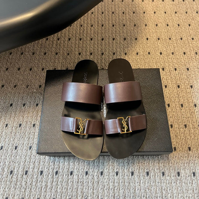 YSL 26S DOUBLE-STRAP SANDALS IN DARK BROWN CALFSKIN