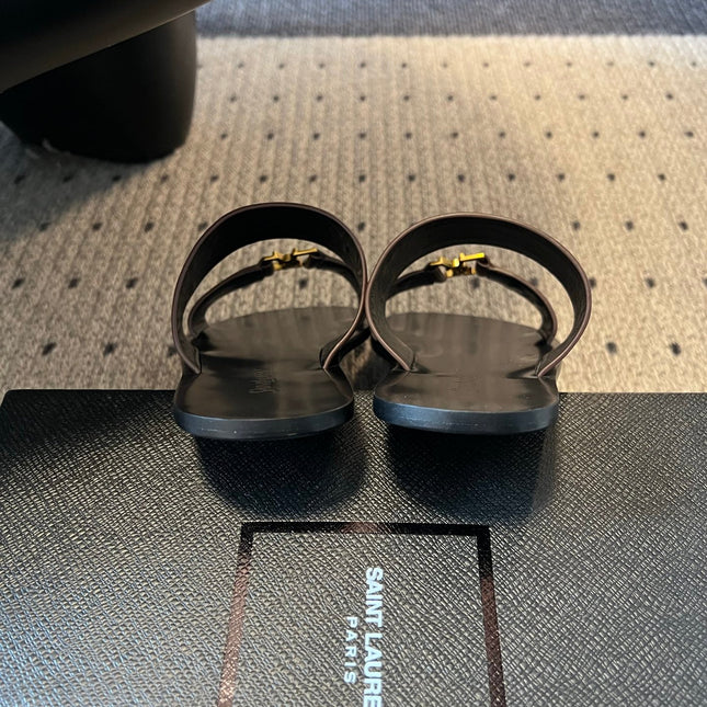 YSL 26S DOUBLE-STRAP SANDALS IN DARK BROWN CALFSKIN