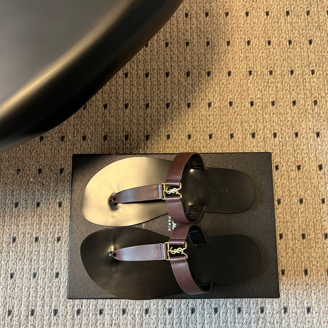 YSL 26S THONG SANDALS IN ESPRESSO BROWN AND BLACK SHINY CALFSKIN