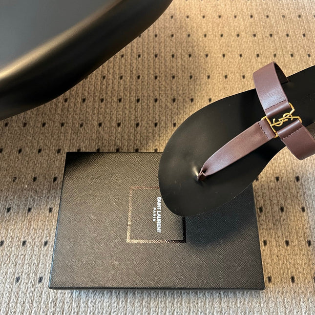 YSL 26S THONG SANDALS IN ESPRESSO BROWN AND BLACK SHINY CALFSKIN