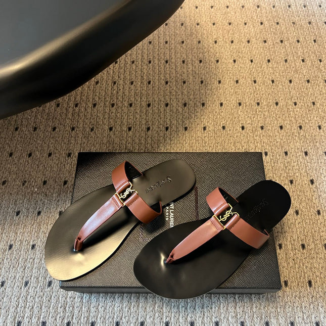 YSL 26S THONG SANDALS IN BROWN AND BLACK SHINY CALFSKIN