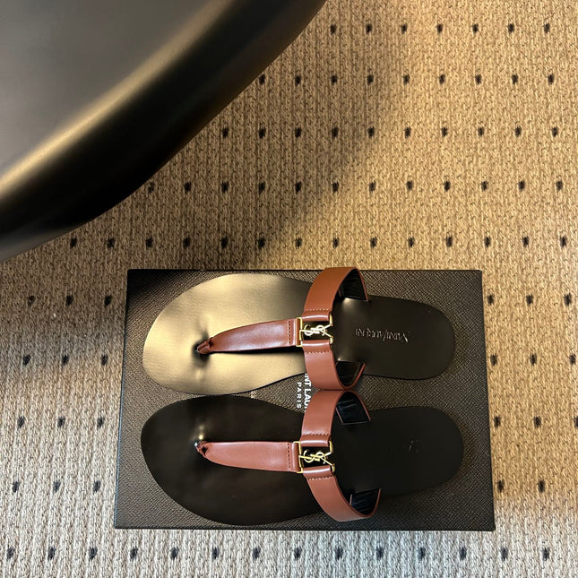 YSL 26S THONG SANDALS IN BROWN AND BLACK SHINY CALFSKIN