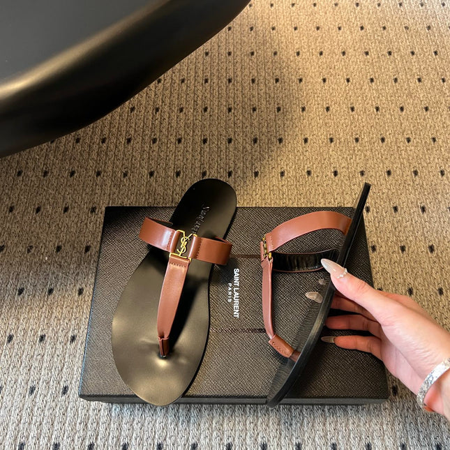 YSL 26S THONG SANDALS IN BROWN AND BLACK SHINY CALFSKIN