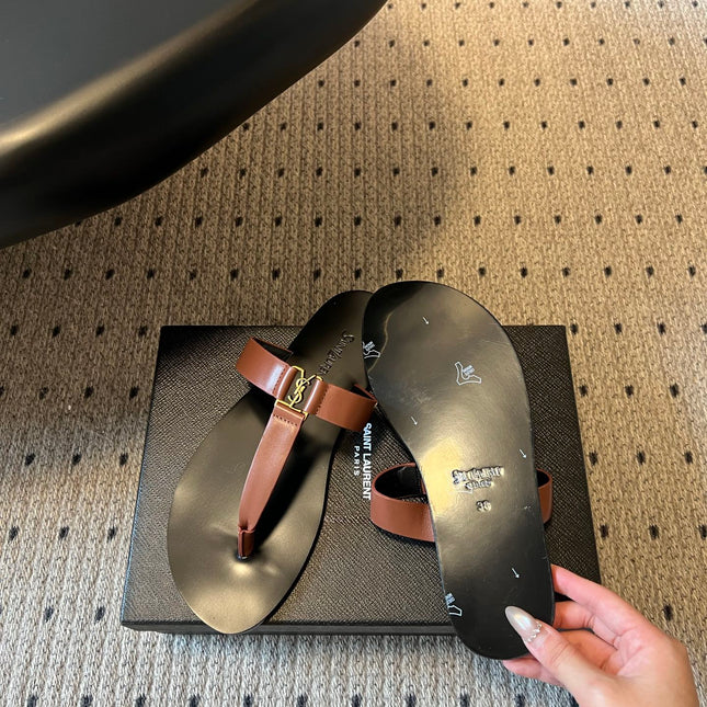 YSL 26S THONG SANDALS IN BROWN AND BLACK SHINY CALFSKIN