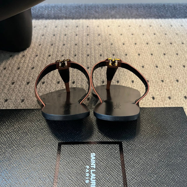 YSL 26S THONG SANDALS IN BROWN AND BLACK SHINY CALFSKIN