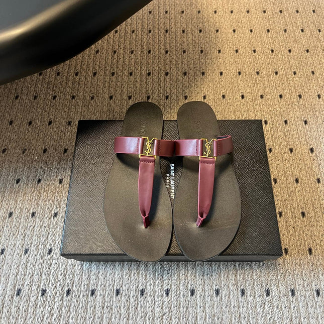 YSL 26S THONG SANDALS IN DARK RED AND BLACK SHINY CALFSKIN