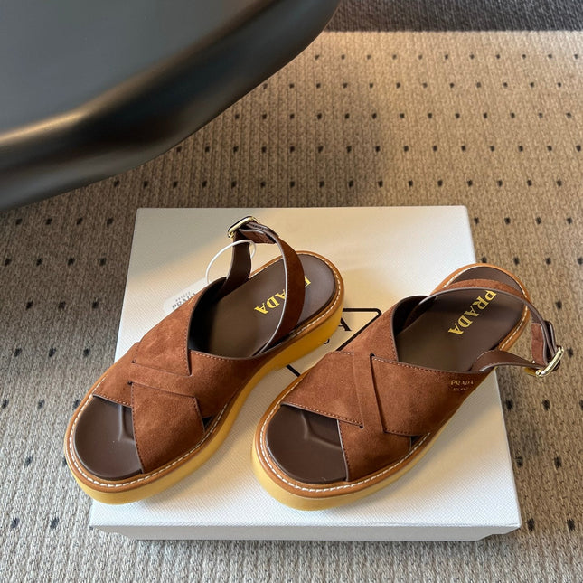 PRADA 26S CROSS STRAP PLATFORM SANDALS 55MM IN BROWN SUEDE