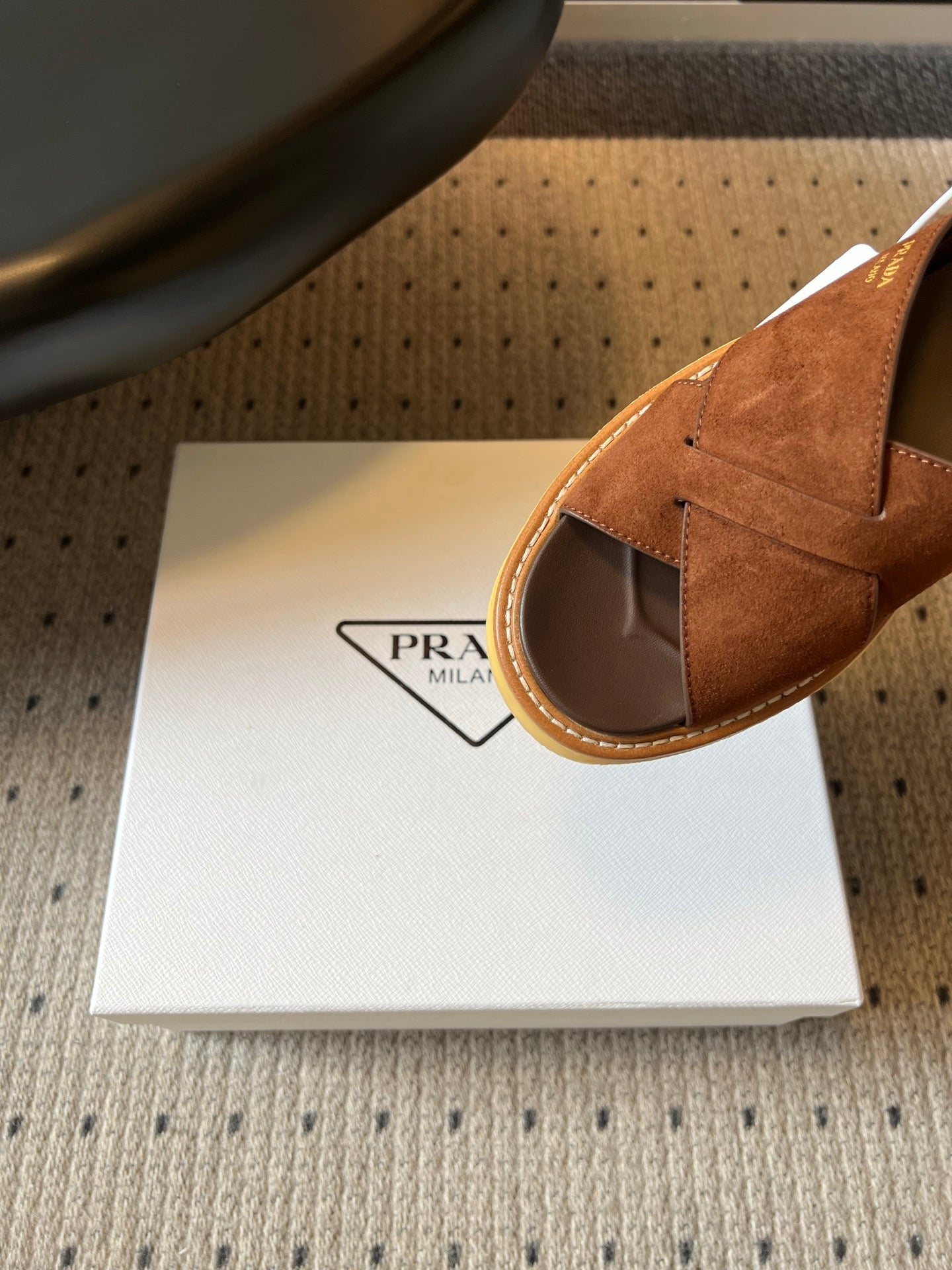 PRADA 26S CROSS STRAP PLATFORM SANDALS 55MM IN BROWN SUEDE