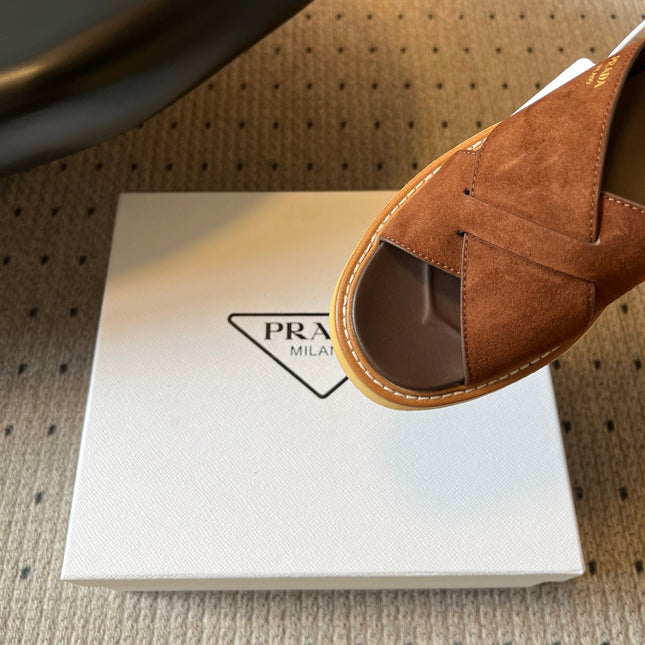 PRADA 26S CROSS STRAP PLATFORM SANDALS 55MM IN BROWN SUEDE