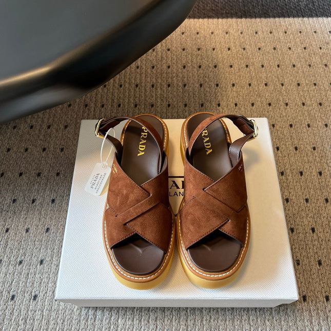 PRADA 26S CROSS STRAP PLATFORM SANDALS 55MM IN BROWN SUEDE