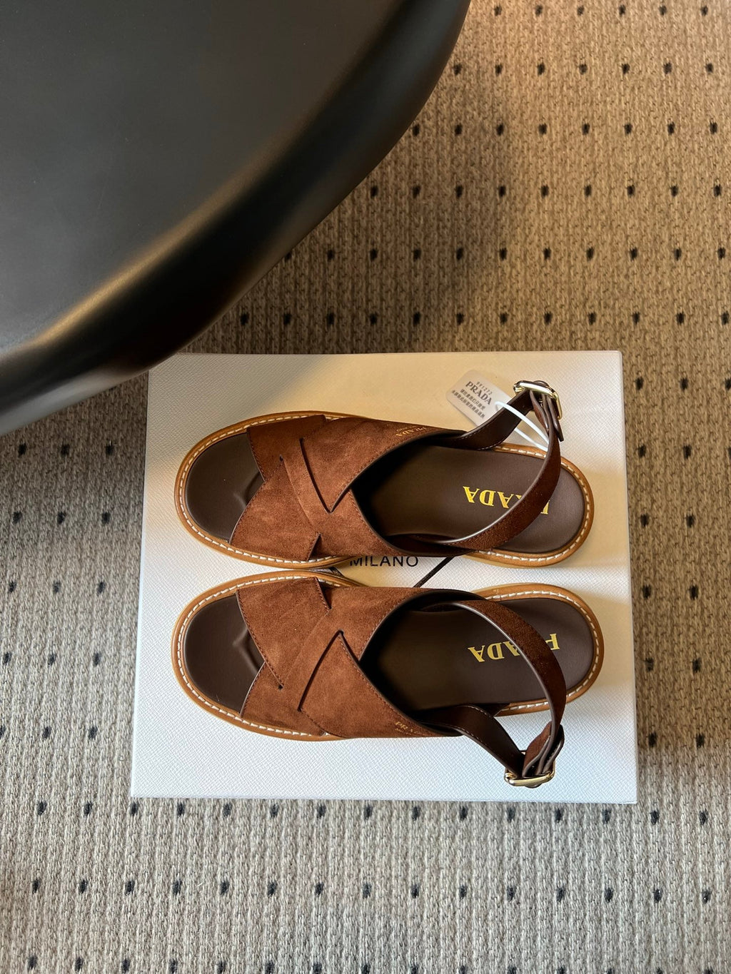 PRADA 26S CROSS STRAP PLATFORM SANDALS 55MM IN BROWN SUEDE