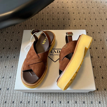 PRADA 26S CROSS STRAP PLATFORM SANDALS 55MM IN BROWN SUEDE