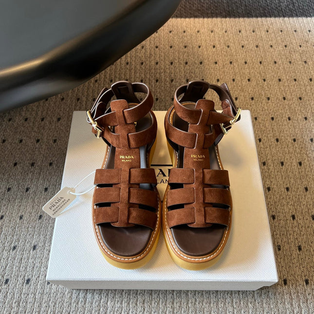 PRADA 26S GLADIATOR SANDALS 55MM IN BROWN SUEDE