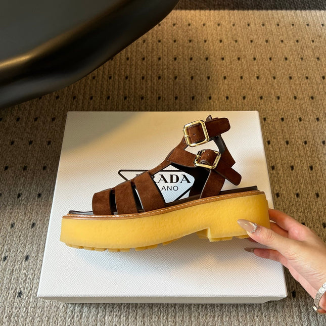 PRADA 26S GLADIATOR SANDALS 55MM IN BROWN SUEDE
