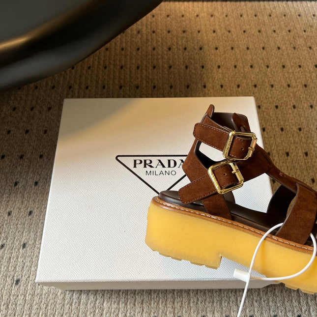PRADA 26S GLADIATOR SANDALS 55MM IN BROWN SUEDE
