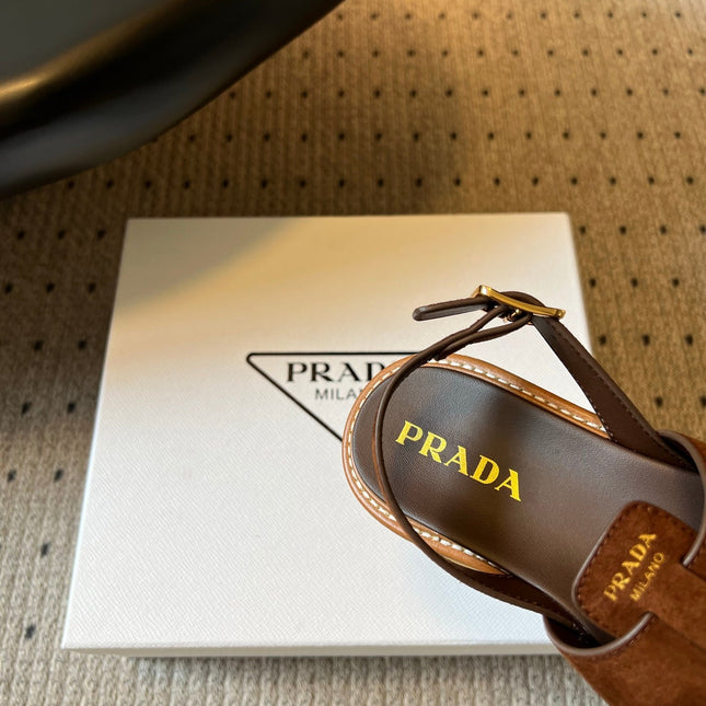 PRADA 26S PLATFORM SANDALS 55MM IN BROWN SUEDE