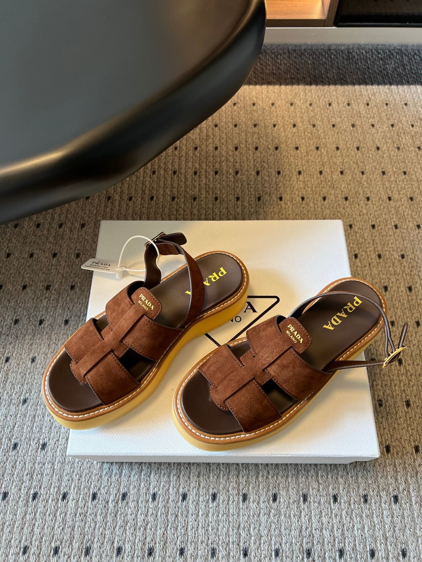 PRADA 26S PLATFORM SANDALS 55MM IN BROWN SUEDE