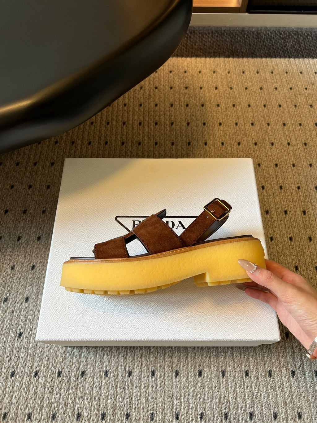 PRADA 26S PLATFORM SANDALS 55MM IN BROWN SUEDE