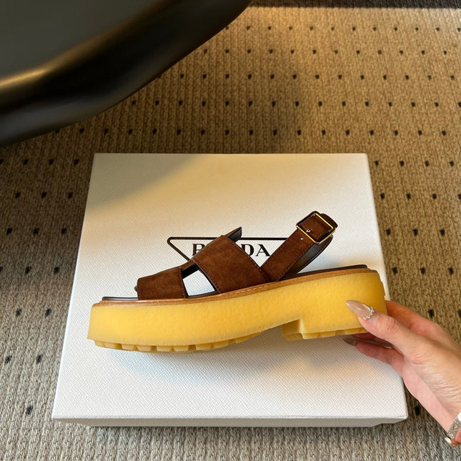 PRADA 26S PLATFORM SANDALS 55MM IN BROWN SUEDE