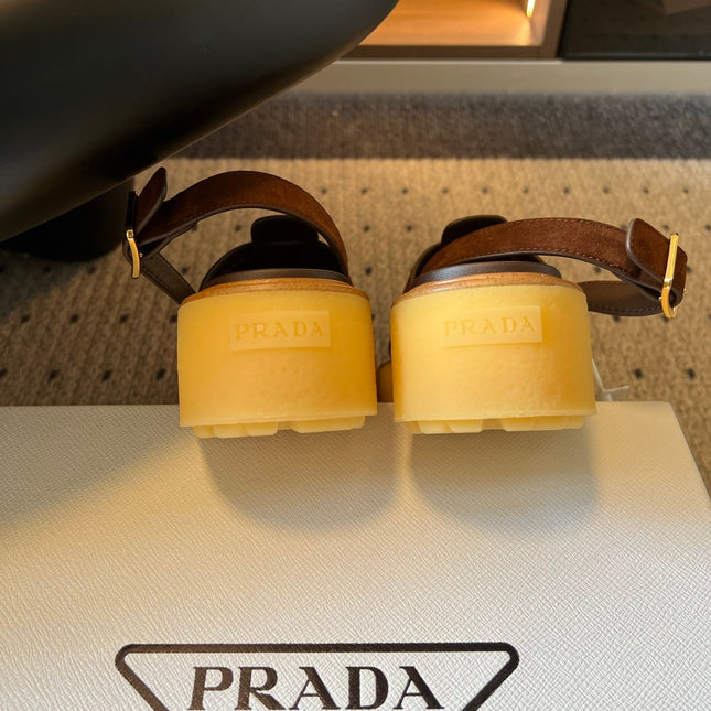 PRADA 26S PLATFORM SANDALS 55MM IN BROWN SUEDE