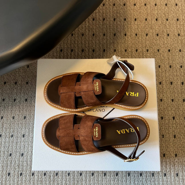 PRADA 26S PLATFORM SANDALS 55MM IN BROWN SUEDE