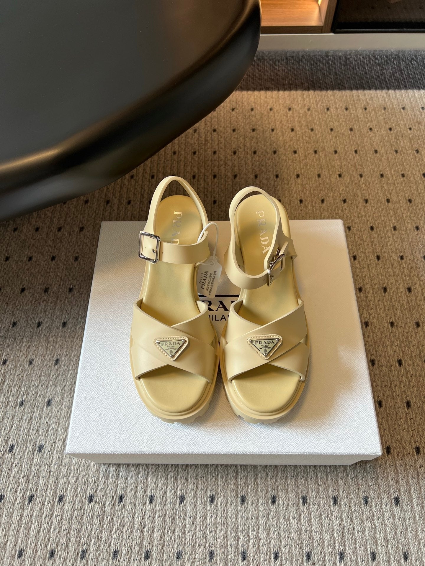 PRADA 26S BLOCK HEEL SANDALS 85MM IN BEIGE EVA FOAM