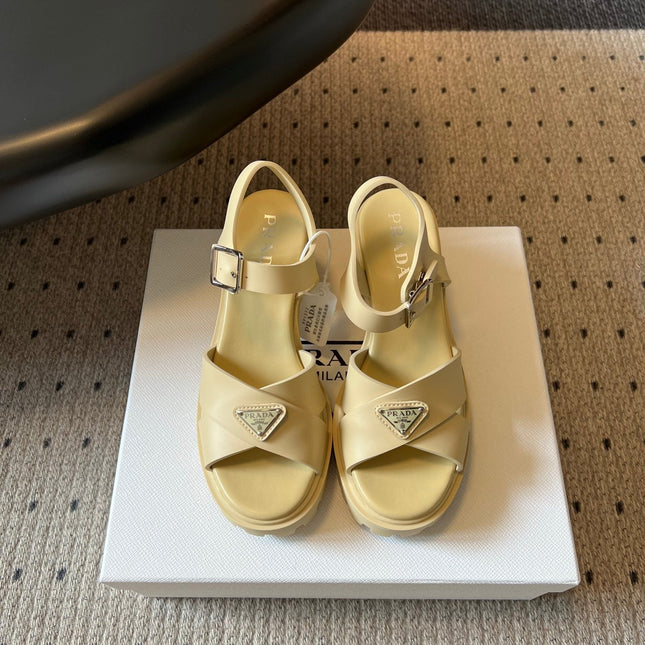 PRADA 26S BLOCK HEEL SANDALS 85MM IN BEIGE EVA FOAM
