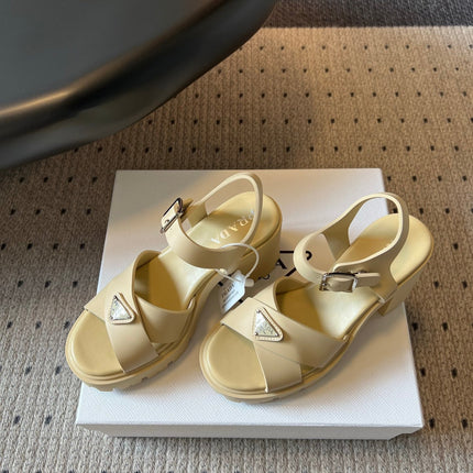 PRADA 26S BLOCK HEEL SANDALS 85MM IN BEIGE EVA FOAM