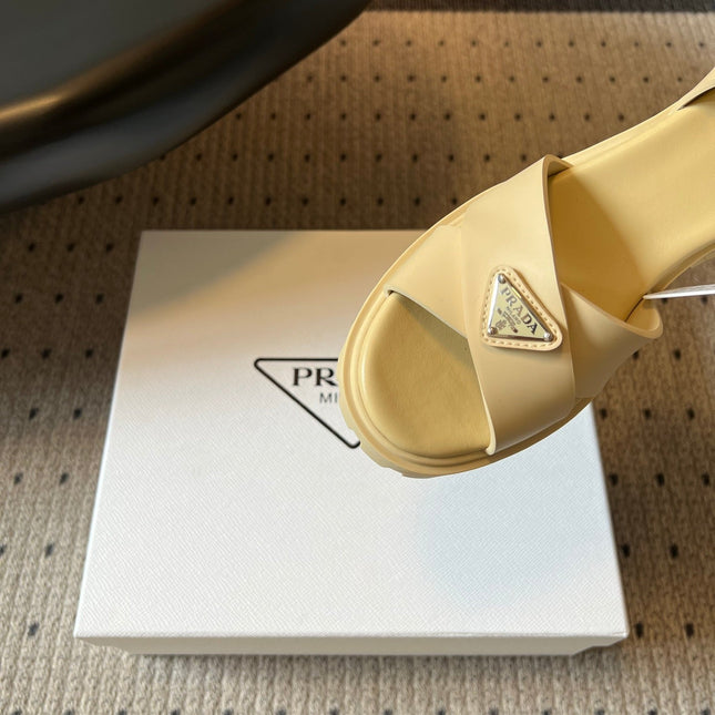 PRADA 26S BLOCK HEEL SANDALS 85MM IN BEIGE EVA FOAM