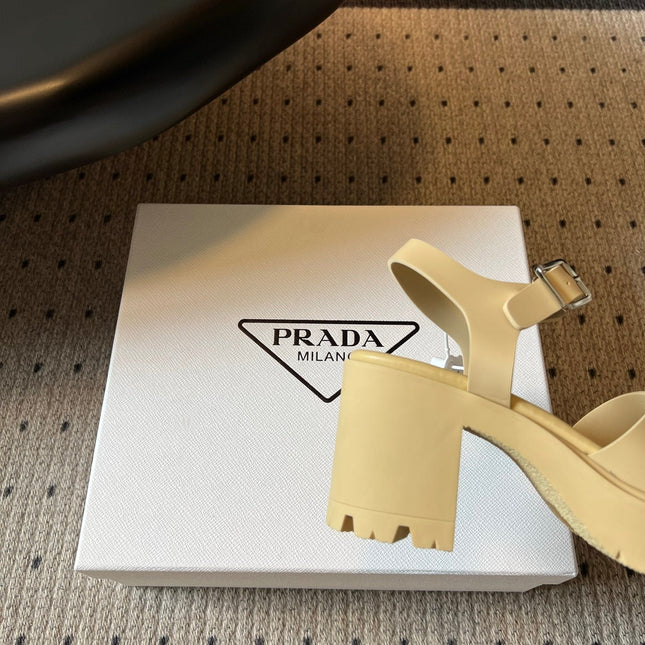PRADA 26S BLOCK HEEL SANDALS 85MM IN BEIGE EVA FOAM