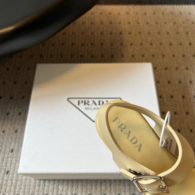 PRADA 26S BLOCK HEEL SANDALS 85MM IN BEIGE EVA FOAM