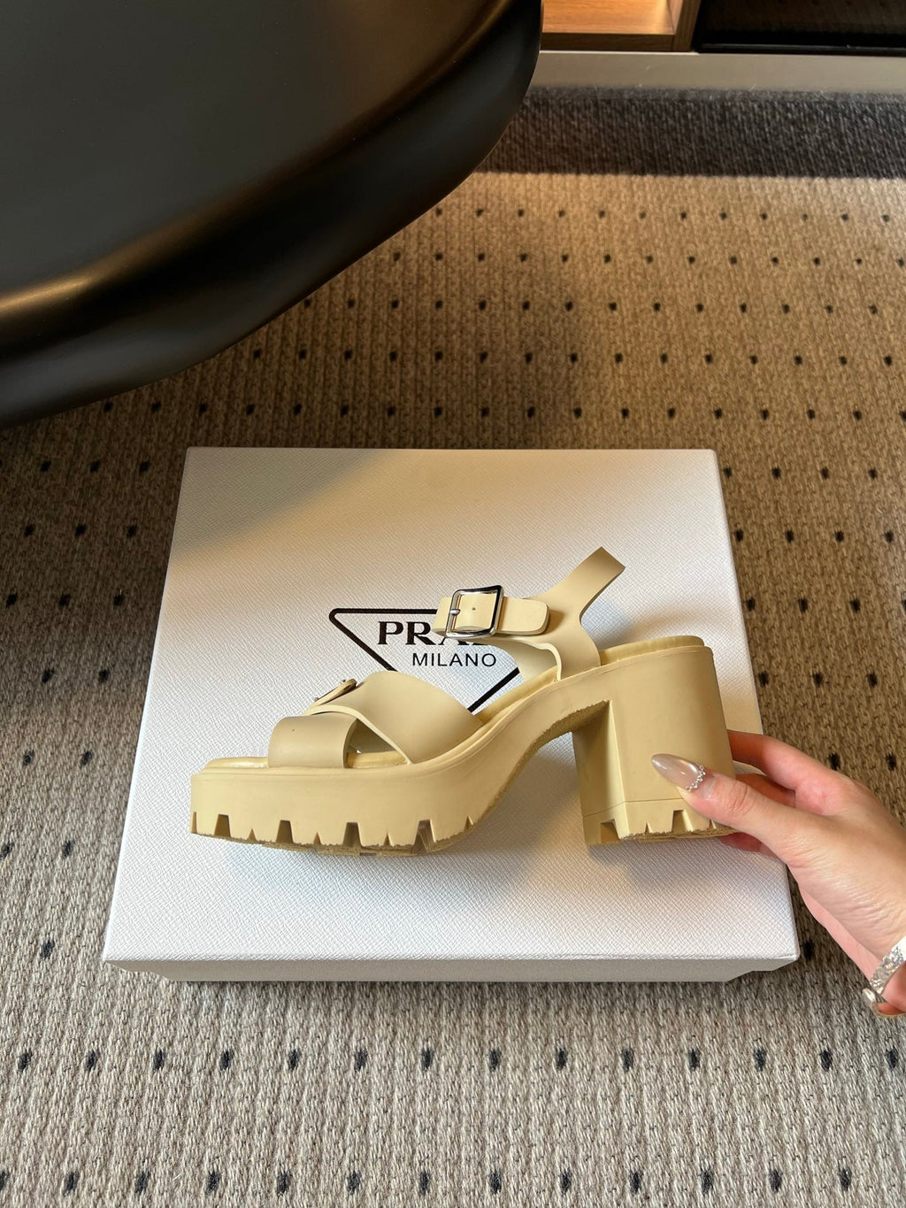PRADA 26S BLOCK HEEL SANDALS 85MM IN BEIGE EVA FOAM