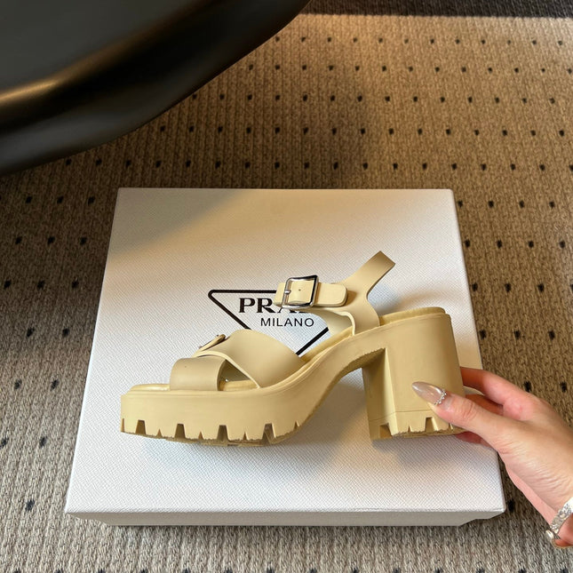 PRADA 26S BLOCK HEEL SANDALS 85MM IN BEIGE EVA FOAM