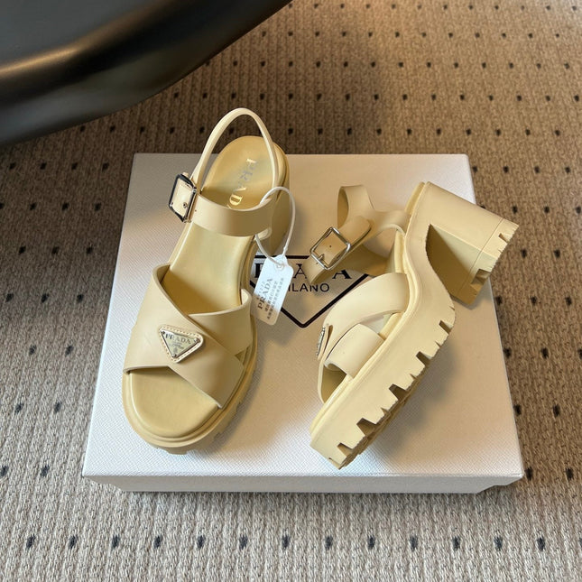 PRADA 26S BLOCK HEEL SANDALS 85MM IN BEIGE EVA FOAM