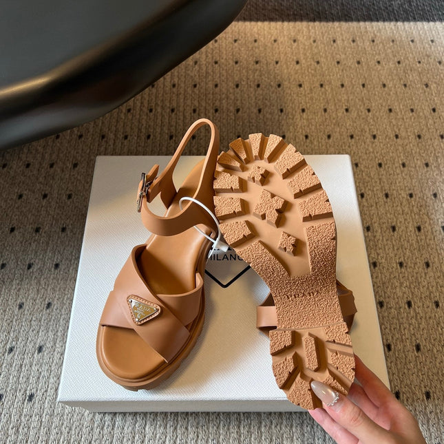 PRADA 26S BLOCK HEEL SANDALS 85MM IN CARAMEL BROWN EVA FOAM