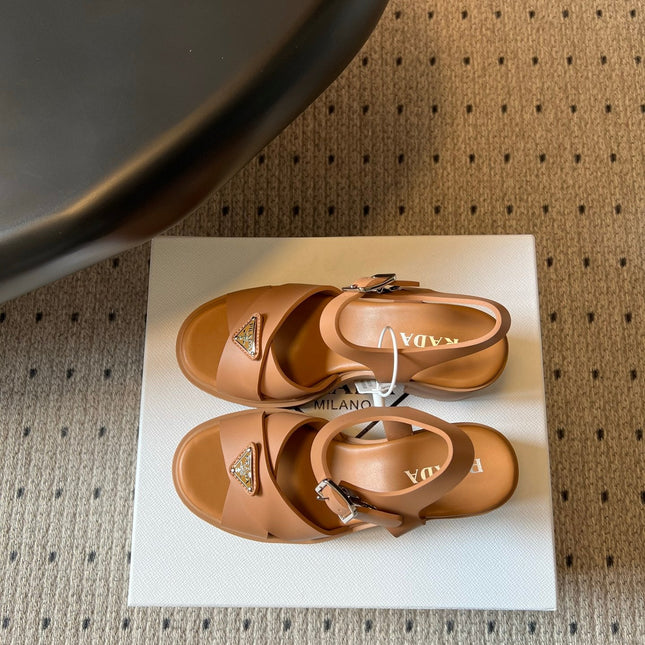 PRADA 26S BLOCK HEEL SANDALS 85MM IN CARAMEL BROWN EVA FOAM