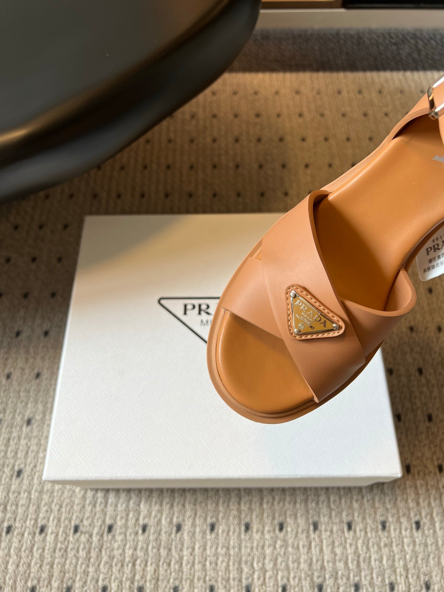 PRADA 26S BLOCK HEEL SANDALS 85MM IN CARAMEL BROWN EVA FOAM