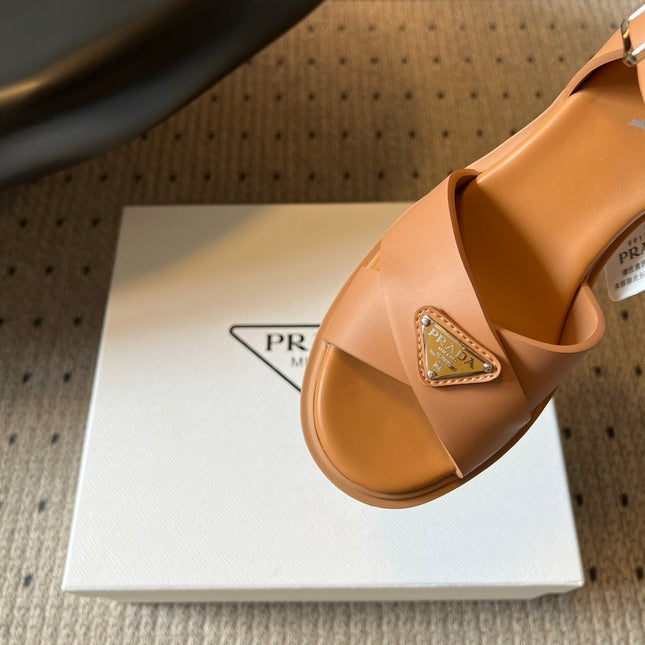PRADA 26S BLOCK HEEL SANDALS 85MM IN CARAMEL BROWN EVA FOAM