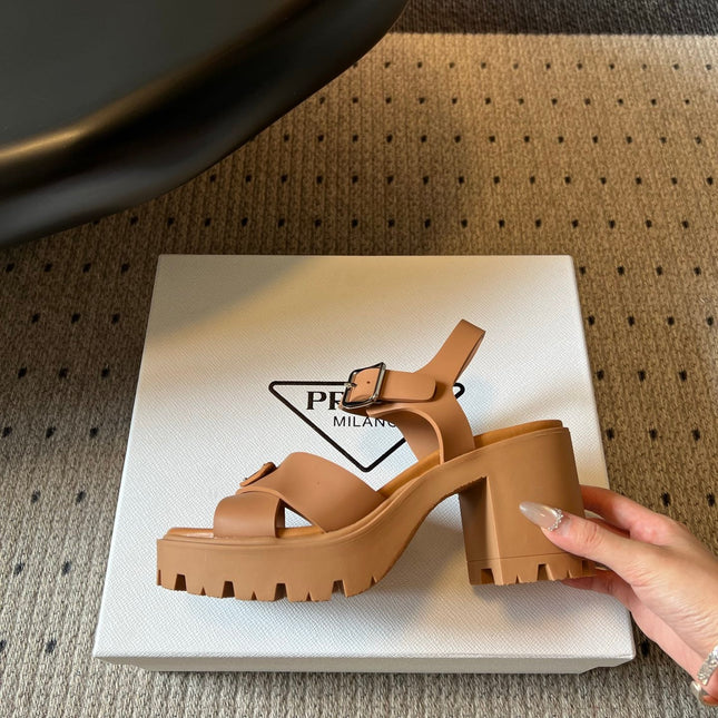 PRADA 26S BLOCK HEEL SANDALS 85MM IN CARAMEL BROWN EVA FOAM